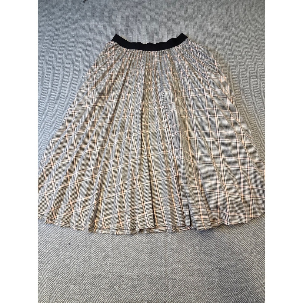 A New Day Midi A-Line Skirt Women's Small Gray Plaid Pleated Elastic Waisted